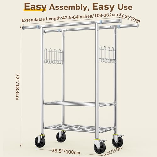 100% Stainless Steel Heavy Duty Clothes Rack Load 960LBS, Double Rod Clothing Rack for Hanging Clothes with Reinforced Rubber Rings, Extendable Rolling Garment Racks W/ Portable Wheel & Sturdy Shelves