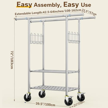 100% Stainless Steel Heavy Duty Clothes Rack Load 960LBS, Double Rod Clothing Rack for Hanging Clothes with Reinforced Rubber Rings, Extendable Rolling Garment Racks W/ Portable Wheel & Sturdy Shelves