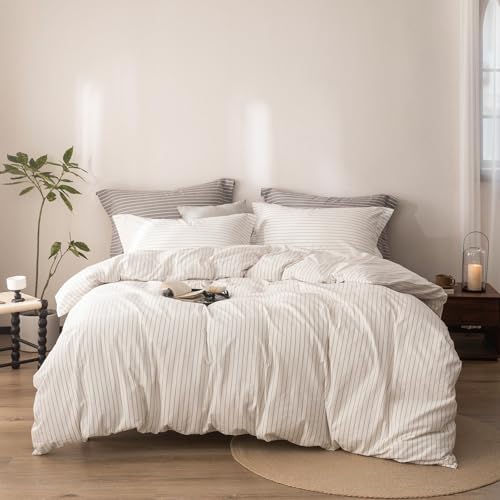 3Pcs Off White & Linen Grey Striped Queen Duvet Cover Set | Linen Feel Stripe,Washed Cotton,1 Duvet Cover & 2 Pillow Shams,Hidden Zipper,Soft Breathable,Lightweight,8 Corner Ties - color: Off White Linen Grey Stripe-no Comforter, size: Queen (90" x 90")