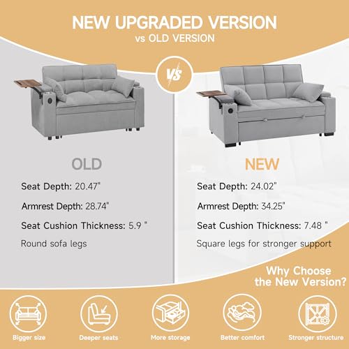 66" Multi-Functional Pull-Out Sofa Bed with Hidden Side Table, Storage Armrests, Built-in Charging Port, Spring Mattress, Solid Wood Frame – Ideal for Small Spaces, Easy Assembly - color: 1007-grey