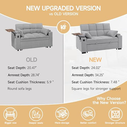 66" Multi-Functional Pull-Out Sofa Bed with Hidden Side Table, Storage Armrests, Built-in Charging Port, Spring Mattress, Solid Wood Frame – Ideal for Small Spaces, Easy Assembly - color: 1007-grey