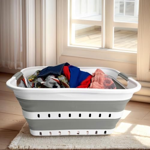SAMMART 42L (11 gallon) Collapsible Plastic Laundry Basket - Foldable Pop Up Storage Container/Organizer - Space Saving Hamper/Basket (1, Grey/White) - color: Grey/White