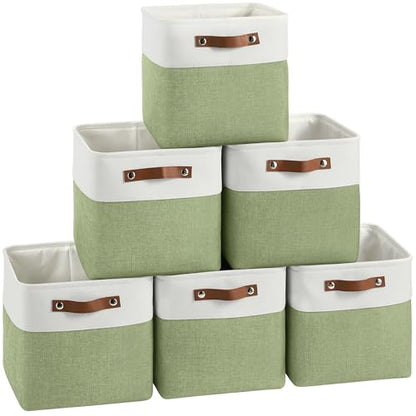 FinishingBo 11x11 Cube Storage Bins 6 Pack, Fabric Basket with Handles | Foldable Storage Cubes, PU Leather Handles,Closet Storage, White Green - color: White/ Green