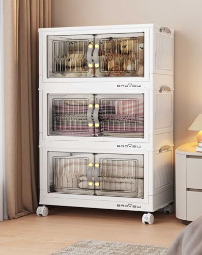 BROVIEW 135Qt Stackable Storage Bins with Lid for Home Dorm, 3Pack White | Closet Organizers, Foldable & Collapsible Cabinets, Large Containers, Wheels & Magnetic Doors, Plastic Drawers for School - color: White, size: 45QT-3Pack