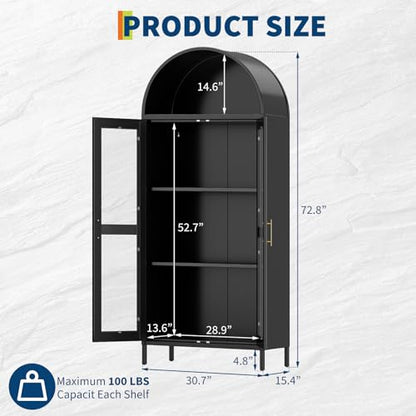 Garvee 73" Tall Arched Cabinet with Glass Doors and Adjustable Shelves | Black Arched Bookcase & Bookshelf, Freestanding Display Cabinet for Dining, Kitchen, Living Room, Powder-Coated Finish