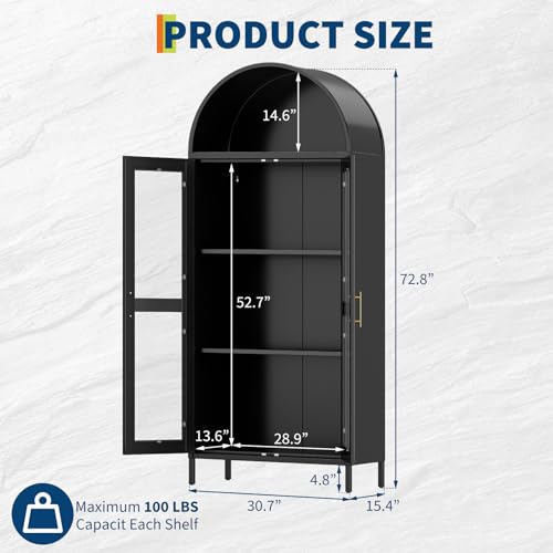 Garvee 73" Tall Arched Cabinet with Glass Doors and Adjustable Shelves | Black Arched Bookcase & Bookshelf, Freestanding Display Cabinet for Dining, Kitchen, Living Room, Powder-Coated Finish