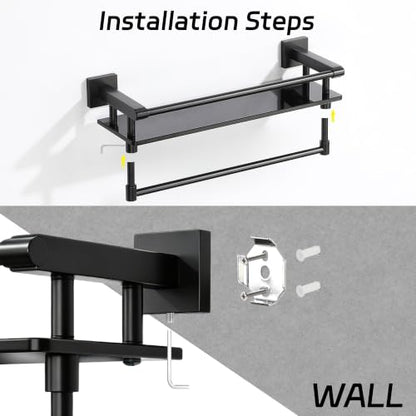 Alise Bathroom Shelf with Towel Bar,16 Inch Matte Black Glass Shelf | Floating Bathroom Glass Shelves,Tempered Glass,SUS304 Stainless Steel - color: Matte Black, size: 16 In