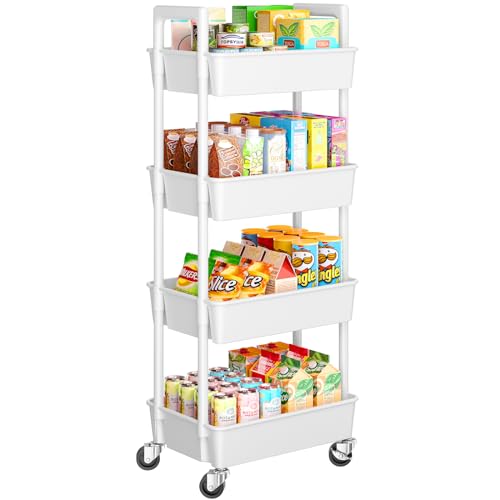 Pipishell 4 Tier Rolling Cart Organizer, Plastic Rolling Cart with Lockable Wheels & Reinforced Handle, Lightweight Utility Storage Cart for Nursery, Kitchen, Craft Room, White - color: White, size: 4-Tier