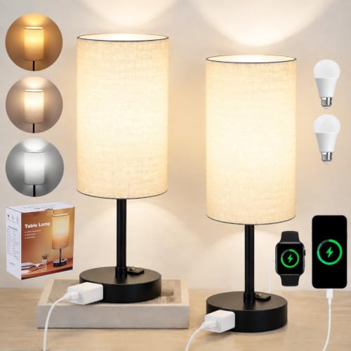 ZJOJO Table Lamp for Bedroom Set of 2, Bedside Small Lamps with 3 Way Dimmable Rocker Switch and AC Outlet, Nightstand Desk Lamp with Flaxen Fabric Shade Black Base for Living Room Home Decor Lights | E26 Bulbs,AC Outlet,3 Way Dimmable,Rocker Switch,Desk