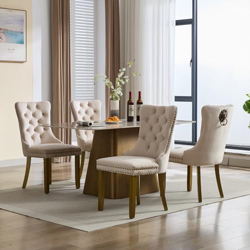 KEIKI Mid-Century Upholstered Velvet Dining Chair, Tufted Accent Seat | with Golden Solid Wood Legs for Dining Room Kitchen Room, Beige - color: Beige