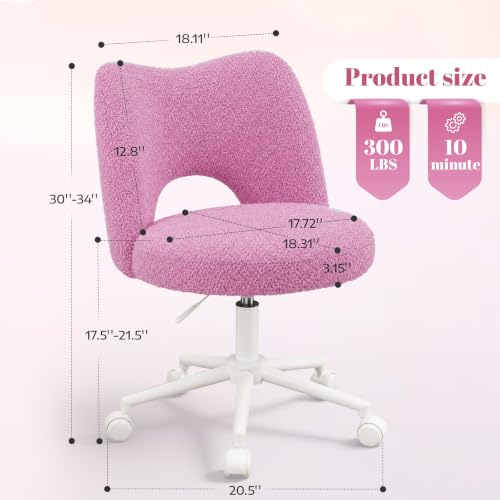 DurayLoly Vanity Chair with Wheels & Open Back,Light Purple | Soft Teddy Fabric, Armless, 6" Thick Cushion, Height Adjustable, 300 lbs, 360° Swivel for Vanity Table, Home Office - color: Light Purple