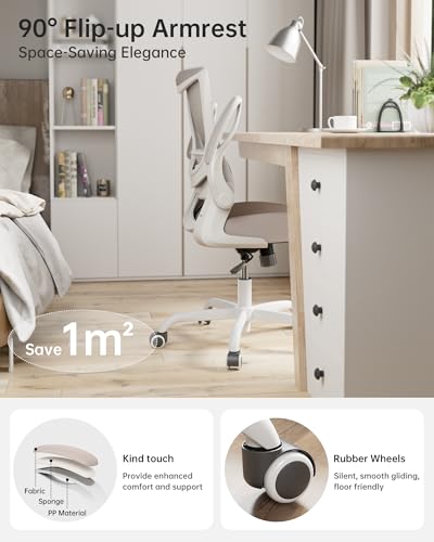 Office Chair, Ergonomic Desk Chair with Adjustable Lumbar Support and Flip up Armrest, Breathable Mesh Computer Chair for Home Office, Khaki - color: Khaki