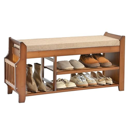 PETKABOO Shoe Bench with Hidden Drawer and Side Holder, 2 Tier Entryway Bench with Storage 39.4 in, Bamboo Shoe Rack with Cushion for Entryway Hallway Living Room Bedroom - size: 39.4"