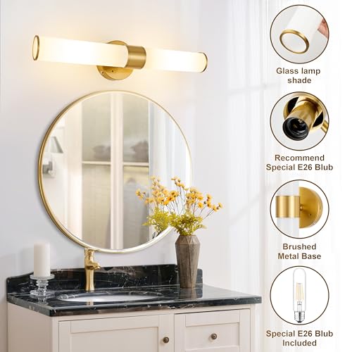 Morauroral Gold Battery Operated Wall Sconces Set of 2, Rechargeable Wall Lights with Remote Control, 20 Inch Modern Wireless Wall Lamp for Bedroom, Living Room (Bulbs Included) - color: Gold（White Glass）