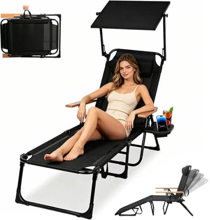 Beach Lounge Chair, Folding Outdoor Chaise Lounge Chair with Arms, 4-Position Backrest, Extended Sun Tanning Chair Pillow & Cup Holder, Patio Lounger for Outside for Beach Pool Patio Yard (Black-U) - color: Black-u