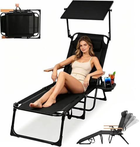 Beach Lounge Chair, Folding Outdoor Chaise Lounge Chair with Arms, 4-Position Backrest, Extended Sun Tanning Chair Pillow & Cup Holder, Patio Lounger for Outside for Beach Pool Patio Yard (Black-U) - color: Black-u