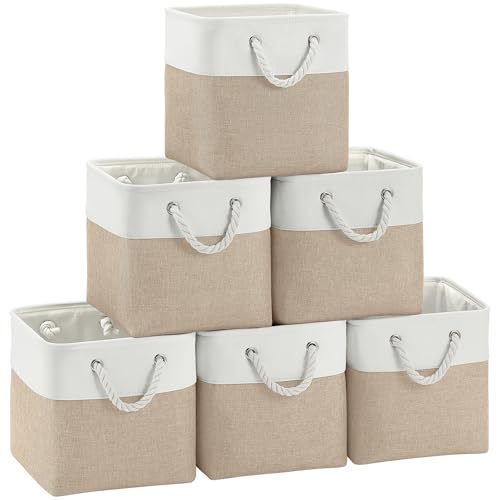 FinishingBo 11 inch Cube Storage Bin with Handles 6 Pack | Foldable Basket, Fabric Storage Bins, Closet Storage, Home Organizer (White/Khaki) - color: White/Khaki-6 Pack