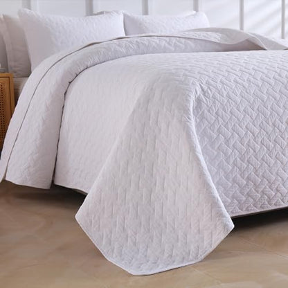 Wistown Cotton Bedspread Quilt Bedding Set, Queen Size, White | 3 Pieces Reversible Lightweight Soft Coverlets Comforters, All Seasons, Weave Stitching Pattern - color: White Weave Pattern, size: Queen (90 by 98inch)