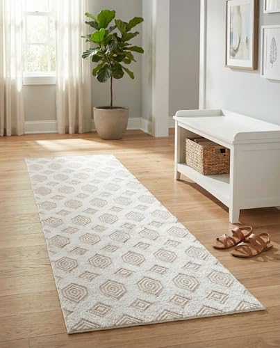 Rugs.com - Sabrina Soto Casa Rug – 8 Ft Runner Beige Cotton Textured Runner Modern Geometric Design for Hallways, Entryways, and Bedrooms - color: Beige, size: 2'3" x 8' (Runner)