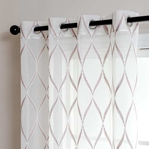 SLEEP ZONE Sheer Curtains for Living Room and Bedroom, Embroidered Sheer Curtains White Sheer Curtain 42 × 63 inch Length of 2 Panels, Off-White Waves - color: White Waves, size: 42"W×63"L