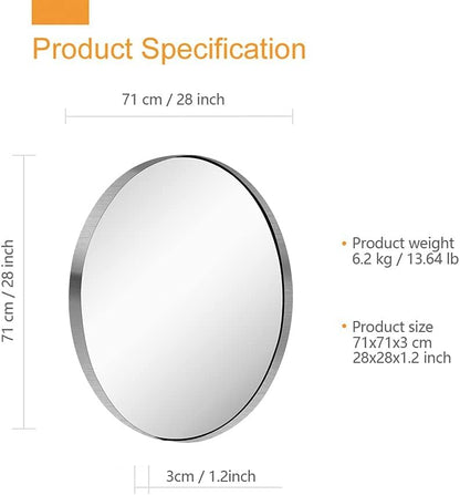28-Inch Brushed Nickel Silver Wall Mounted Round Mirror, Glass Panel Circle Deep Set Design Stainless Steel Framed for Bathroom, Entryways, Living Rooms - size: 28"L x 28"W