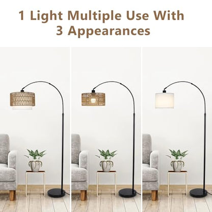 eyassi Arc Floor Lamp with Remote, Modern LED Floor Lamp with Dimmable Bulb, Boho Farmhouse Standing lamp with Fabric & Rattan Lampshades, Height Adjustable Black Tall Lamp for Living Room Bedroom - style: Farmhouse