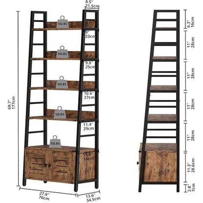IRONCK 4 Tier Ladder Bookcase with Louvered Doors Rustic Brown | Bookshelf; Ladder Shelf;bottom cabinet; anti tip kit; for Bedroom Living Room Home Office