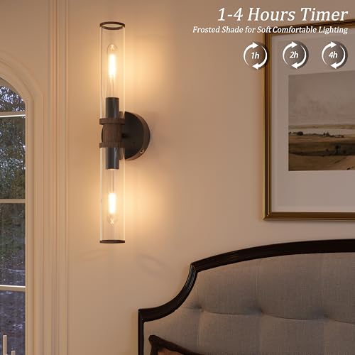 Rayogale Black & Walnut Wireless Battery Operated Wall Sconces with Remote | Glass Rechargeable Wall Lights Set of 2 with Timer Function Dimmable for Living Room Bedroom Emergency 3000K, 20.5 Inch - color: Black & Walnut(Clear Tubular Lampshade)