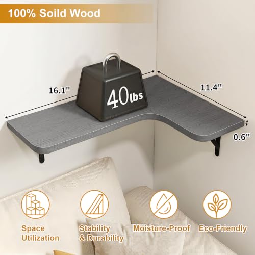 Fixwal Corner Floating Shelves Set of 5, Rustic Wood Wall Mounted Corner Shelf for Bathroom, Kitchen, Bedroom, Home Decor, Laundry Room, Living Room(Gray) | Solid wood shelf with metal brackets, holds 40 lbs. Optimizes corner storage. Fits bathroom, kitch