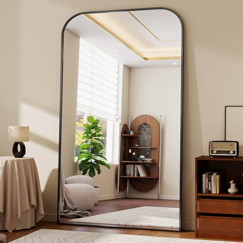 Oversized Full Length Mirror 81"x41" Arched Floor Standing Mirror | Large Full Body Mirrors with Stand - with Aluminum Frame for Bedroom Living Room, Black - color: Black, size: 81"L x 41"W