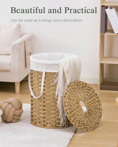 SETVSON Laundry Hamper with Lid Laundry Basket with Lid 72L, Natural | 19 Gal Round PE Rattan Hamper with Lid, Removable Washable Liner Bag, 2 Mesh Wash Bags, Steel Frame, Handles - color: Natural, size: 72 L