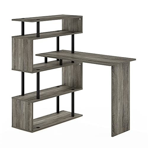 Furinno Classic Desk, 40" Wide L-Shape Gaming Desk, Computer Desk, Writing Desk with 5-Tier S-Shaped Side Shelves for Home Office, Study Room, Dorm, Bedroom, French Oak - color: French Oak/Black, style: 5-Tier Side Shelves
