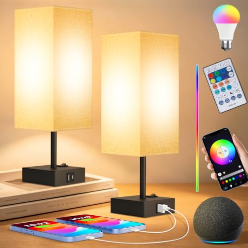 Set of 2 Smart RGB Dimmable Table Lamp Compatible with Alexa&APP&Remote Control | Bedside Desk Lamp with Charging Ports&Phone Stand, Music Sync Nightstand Lamp for Bedroom Living Room Office Dorm, Gray - color: Dark Gray, size: 2 Pack