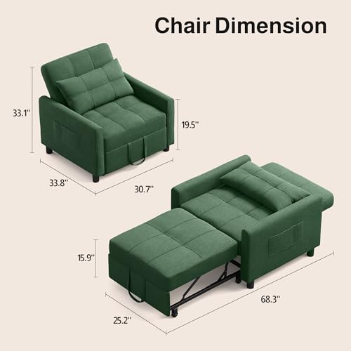 Convertible Sleeper Chair Sofa Bed, 3 in 1 Pull Out Chair, Green | 3 in 1 Chair Bed, Adjustable Backrest, Storage Pocket, Compact Fit for Living Rooms, Apartments, Guest rooms - color: Green