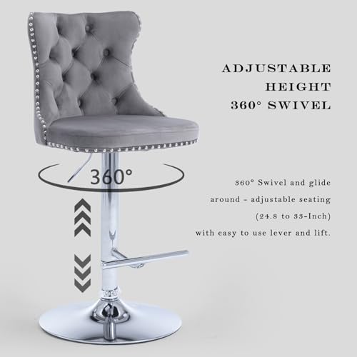 Velvet Bar Stool Set of 2, Adjustable Swivel Bar Stools with Silver Plated Metal Leg, Button Tufted, Footrest, Chrome Nailhead, Counter Height Chair for Kitchen, Bar, Dining Room (Grey) - color: Grey-silver Leg, size: Set of 2