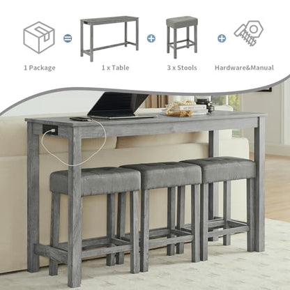 59" Industrial 4 Piece Bar Table Set with Built-in Power Outlet, Behind Couch Sofa Table with 3 Linen Upholstered Stools, Bar Table and Chairs Set for Living Room, Dining Room, Lounge, Gray - color: R2-gray