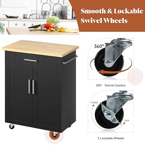 Kitchen Island Cart on Wheels with Storage Cabinet & Drawer, 26" Width Rolling Kitchen Table, Cart Handle for Towel Rack or Free Mobility, Kitchen Cart, Dining Room(Black) - size: 26-IN