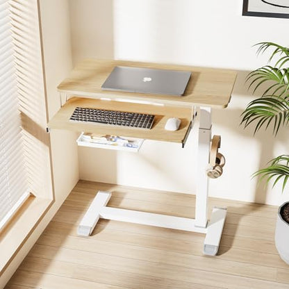 ETHU Height Adjustable Mobile Overbed Table with Keyboard Tray, Oak | Mobile Table Tray for Sofa Side, Hospital Bed Workstation Table for Home and Office Laptop Use, 30.31"Lx15.74"W - color: Oak