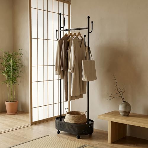 Black Wheeled Cactus Metal Coat Rack Freestanding Garment Organizer | Double Sided, Modern Style, Powder Coated, for Entryway and Bedroom, 24x14x66.93 Inches - color: Black