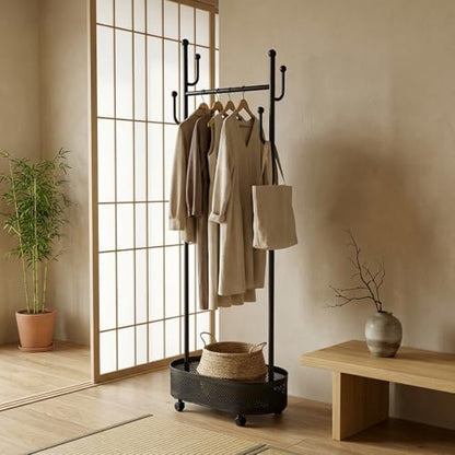Black Wheeled Cactus Metal Coat Rack Freestanding Garment Organizer | Double Sided, Modern Style, Powder Coated, for Entryway and Bedroom, 24x14x66.93 Inches - color: Black