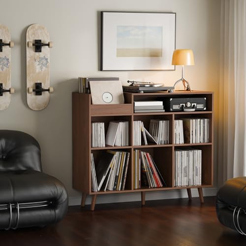 Large Record Player Stand with Vinyl Storage Cabinet, Wood Turntable Table Open Shelf Holder Up to 500 Albums Cube Storage Organizer for Living Room, Office, Brown - color: Brown