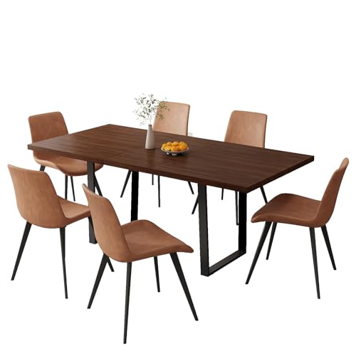 Mid-Century Extendable Dining Table Set, 63"-79", 6 Upholstered Chairs - color: Table + 6 Brown Chairs, size: 63"-79"