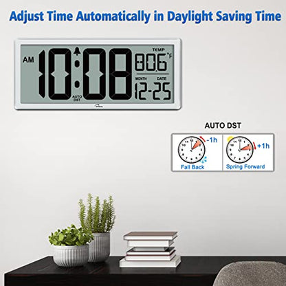 14.5'' Large Digital Wall Clock Battery Operated | Jumbo Numbers, Temperature and Date, Easy to Read and Set, Auto DST, Large Display for Garage, Office, Classroom - color: White