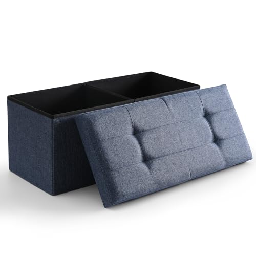 Storage Ottoman Bench Foldable Footrest Foot Stool, 30" Fabric Navy | Small Ottoman Foot Rest Seat Shoe Bench Flip-Top forliving Room End of Bed Bedroom Couch Dorm, 80L Folding Upholstered Chair - color: Navy, size: 13"D x 30"W x 13"H