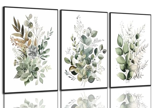 Sage Green Eucalyptus Framed Wall Art Set of 3, 16x24 inch | Watercolor Botanical Wall Decor, Sage Green Eucalyptus Leaf Prints, Bedroom Bathroom Living Room Art - color: Green, size: 16"x24" Black Framed