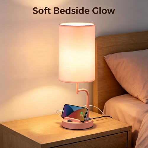 Dreamholder 2 Pack Table Lamp, Bedside Lamp with 3 USB Charging Ports & AC Outlet, USB Desk Lamp with 2 Phone Holders, Linen Fabric Shade Nightstand Lamps for Bedroom Living Room Office, Pink - color: Pink