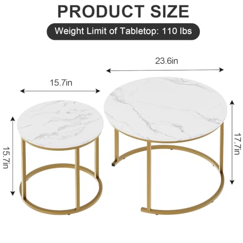 aboxoo Nesting Coffee Table Round Tables for Living Room,Faux Marble Round Accent Table with Gold Metal Frame,Modern Stackable End Table for Living Room Bedroom Small Space - color: White Marble & Gold