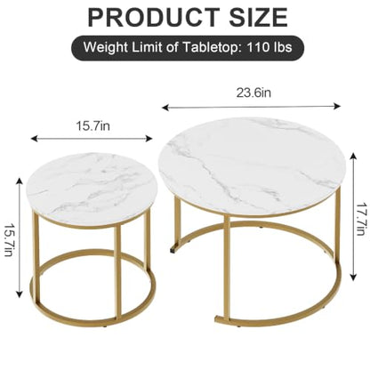 aboxoo Nesting Coffee Table Round Tables for Living Room,Faux Marble Round Accent Table with Gold Metal Frame,Modern Stackable End Table for Living Room Bedroom Small Space - color: White Marble & Gold