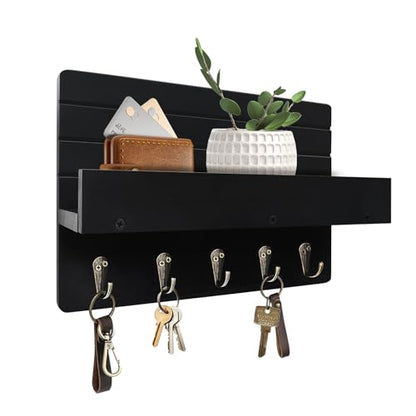 Key Holder Wall Mount, Decorative Key Rack with Shelf & 5 Sturdy Hooks, Rustic Key Hooks for Wall for Mail Organizer Hanging Dog Leash, Glasses, Wooden Key Hanger with Mounting Hardware