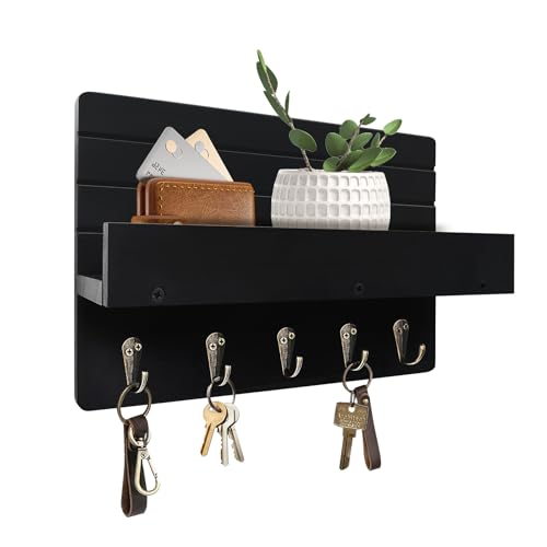 Key Holder Wall Mount, Decorative Key Rack with Shelf & 5 Sturdy Hooks, Rustic Key Hooks for Wall for Mail Organizer Hanging Dog Leash, Glasses, Wooden Key Hanger with Mounting Hardware